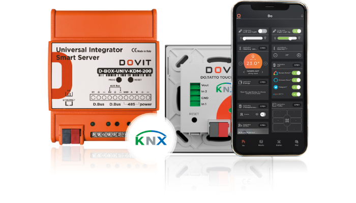 Photo de nos produits domotique KNX, notre écran tactile DO.Touch, notre serveur, nos interrupteurs tactiles DO.Tatto et nos thermostats