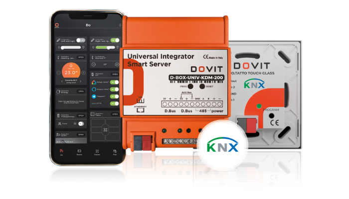 Photo de nos produits domotique KNX, notre écran tactile DO.Touch, notre serveur, nos interrupteurs tactiles DO.Tatto et nos thermostats