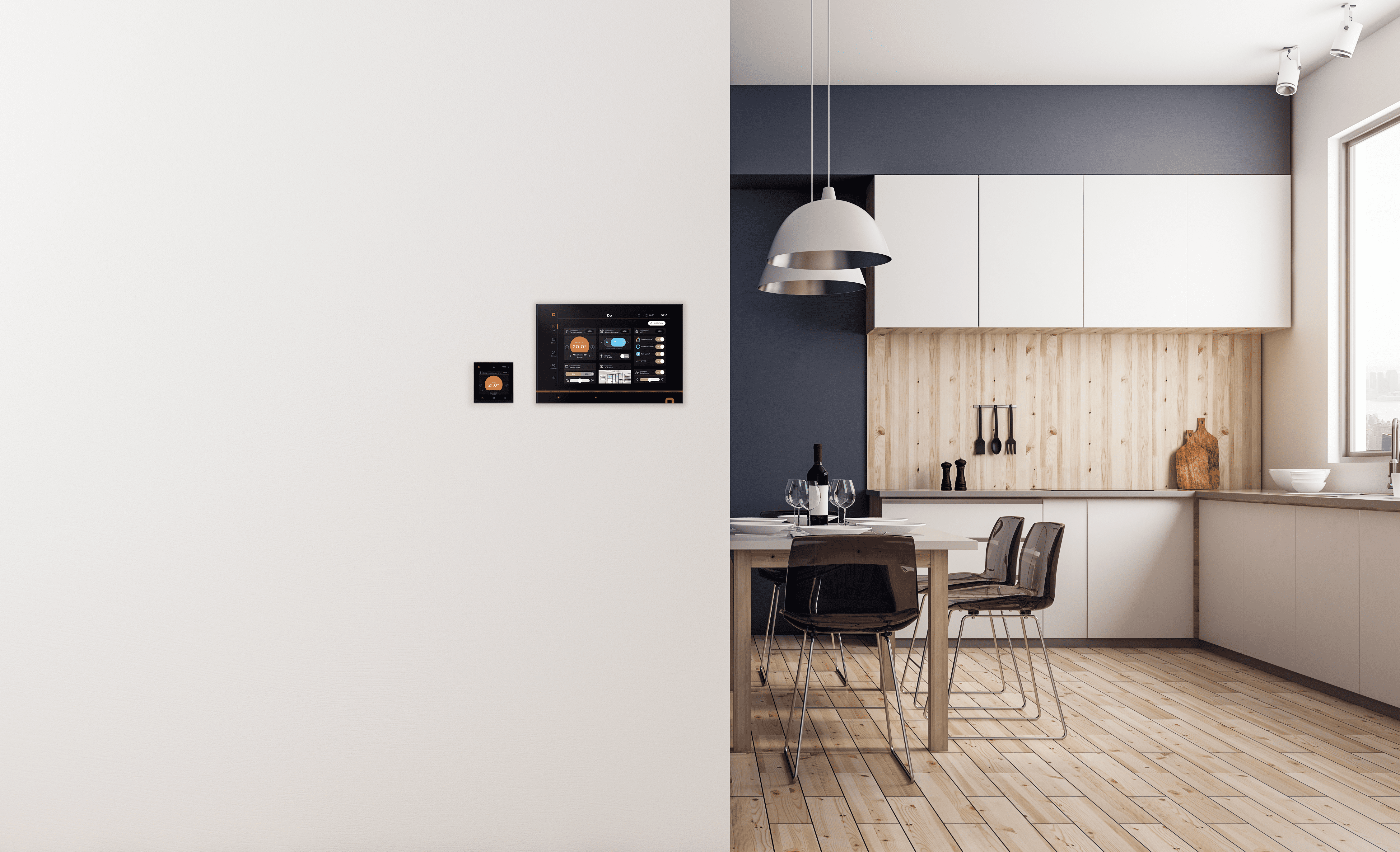Photo de notre écran Dovit DO.Touch en version 4 et 10 pouces présent dans une maison Smart home avec de la domotique.