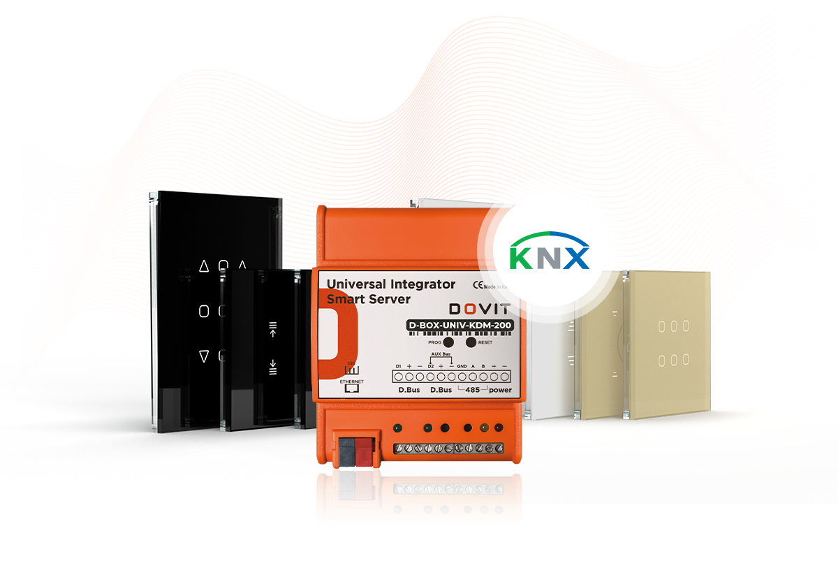 Photo de notre serveur domotique Dovit disponible en version KNX , nos interrupteurs tactiles DO.Tatto et nos thermostats Dovit en couleur sable, blanc et noir